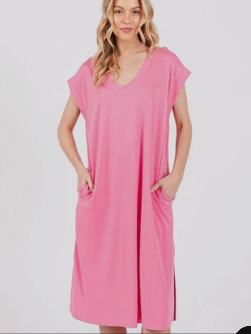 Ces Femme Bubblegum Pink V-Neck Midi Dress with Pockets